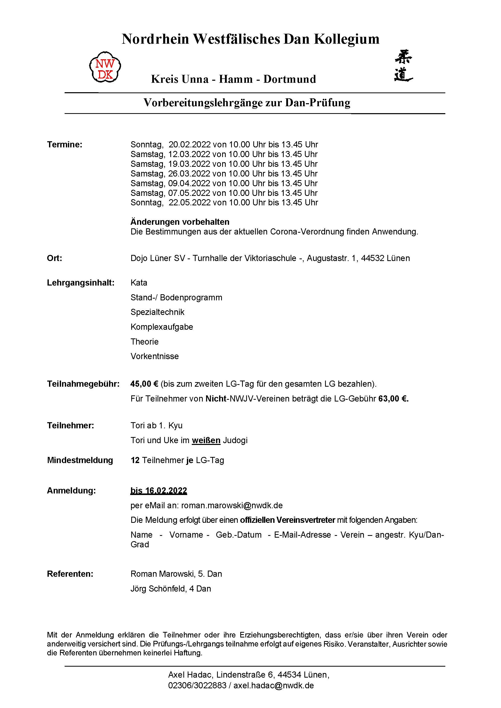 Ausschreibung Dan Vorbereitungslehrgang 2022